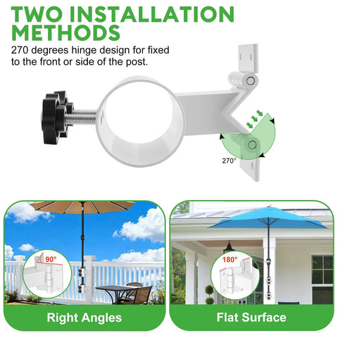 Diagram showing adjustable deck umbrella mount for railings and posts, illustrating installation on right angles and flat surfaces.