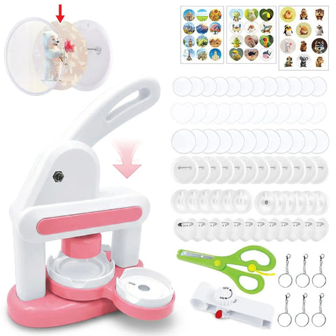 Awesome Button Maker Machine Badge Punch Press Pin Kit With 55mm And 35mm Sizes For Badges Includes 36 Buttons With Magnet Backs Six Keychains Metal Circle Cutter And Scissors For Cutting Right now button maker kit with cutter, scissors, and badge parts