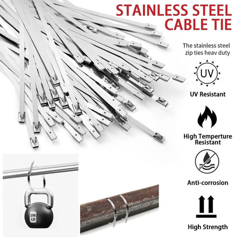 Heavy Duty Zip Tie Gun Kit With 300 Stainless Steel Zip Ties for Fencing, Exhaust, Automotive DIY, showing strengths and features