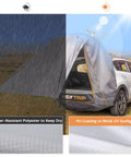 Half-covered SUV with Upgraded SUV Tailgate Tent With Poles And Stakes Built For Epic Tailgates And Car Campouts Stable Steel Frame Shelter Waterproof And Windproof Hatchback Awning Universal Fit For SUV Van And CUV Easy Setup Portable