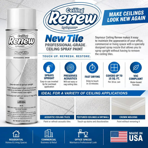 Seymour 20-51 Ceiling Renew Spray Paint, New White, 16 oz Can, professional-grade for acoustic and textured ceilings.