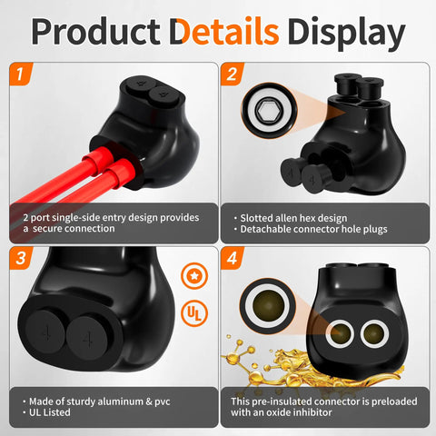Heavy Duty 2 Port Insulated Wire Connector for 4 to 14 AWG Aluminum to Copper Cables, Single Side Entry, Black Aluminum Wire Connector with Slotted Allen Hex, 10 Pack, Great for DIY Auto and Industrial Electrical Jobs, shown with 2-port side entry