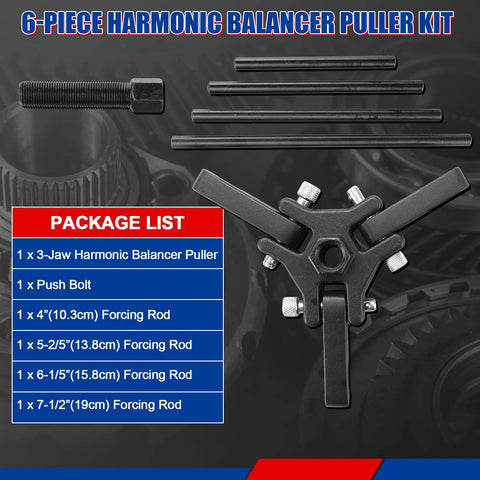 Harmonic Balancer Puller Kit With Adjustable 3 Jaw Pulley including components and package list for Chevy GM Chrysler Ford
