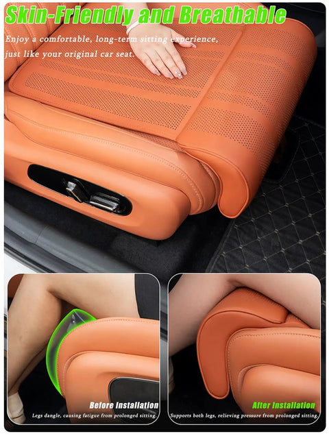 Ergonomic Mini John Cooper Works Electric Thigh Support Cushion With Soft Pu Leather Leg Rest Pad For Car Seat Extension And Comfortable Driving Ride, showing installation process.