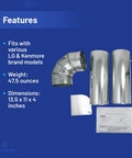 Dryer Side Vent Kit Replacement For LG And GE, includes two ducts, elbow, cover plate, and instructions, stainless steel.