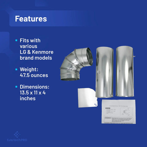 Dryer Side Vent Kit Replacement For LG And GE, includes two ducts, elbow, cover plate, and instructions, stainless steel.