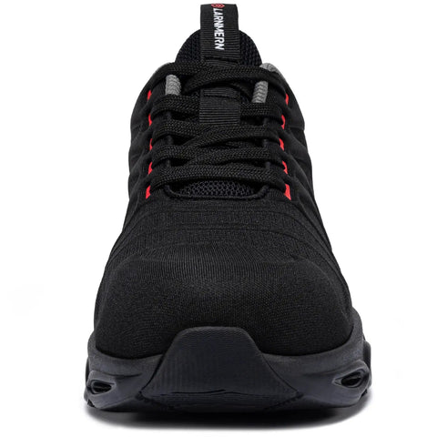 Work Ready Steel Toe Shoes For Men, Lightweight Safety Sneakers With EVA 3D High Rebound Sole, Tough Yet Comfy All Day, Durable Yet Flexible, ASTM F2413 Certified Safety Footwear, Colorful Red Black, Size 11, For Construction And Warehouse, front view