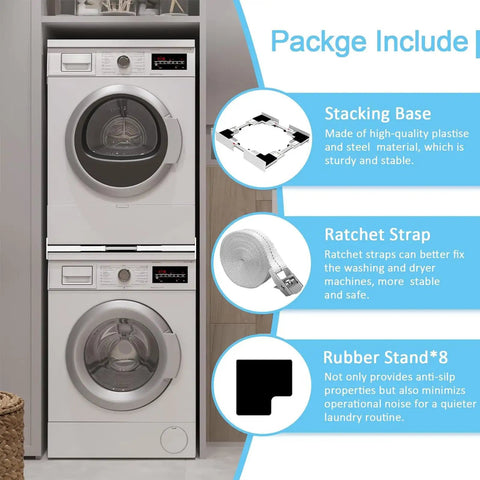 Universal Washer Dryer Stacking Kit for 24 To 29 Inch Machines shown with components and usage details