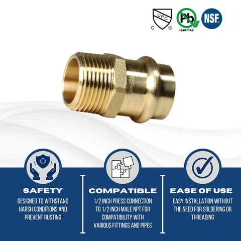 Brass Press Fittings 5 Pack Three Quarter Inch MNPT Male NPT Couplings For Copper PEX And CPVC Pipes No Tools Needed Easy Press Fit Leak Free Quick Install Plumbing Connectors, brass male fitting