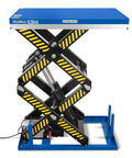 Heavy Duty Wireless Remote Control Double Scissor Hydraulic Lift Table With 4400 Lb Load Capacity And 72.6 Inch Height For Warehouse Jobs, side view showing hydraulic mechanism.