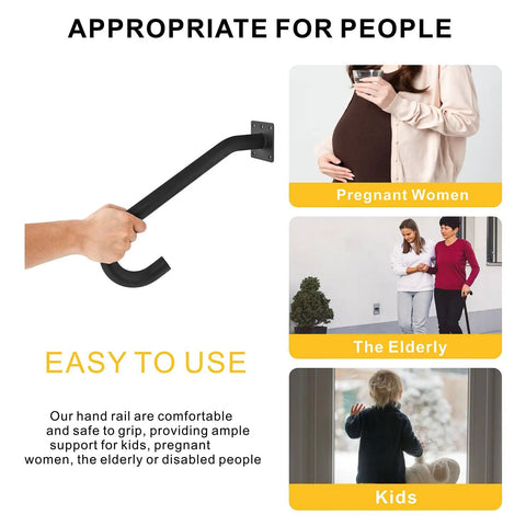 Hand gripping a black wall mount handrail, showcasing its use as Two Pack Half U Metal Handrails For Outdoor Steps And Indoor Stairs Wall Mount Safety Rail With Hardware Badass Grip For Elderly Rock Solid Build Smooth Install Heavy Duty Stair Support Rig.