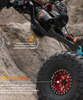 Quicrun Fusion Se 1800KV Brushless ESC installed on RC car, showcasing compact 58mm design, climbing rocky terrain with smooth power delivery.