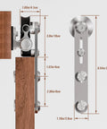 Close-up of Stainless Steel Sliding Barn Door Hardware Kit 6 Foot, showing brackets and measurements for installation on wood door.