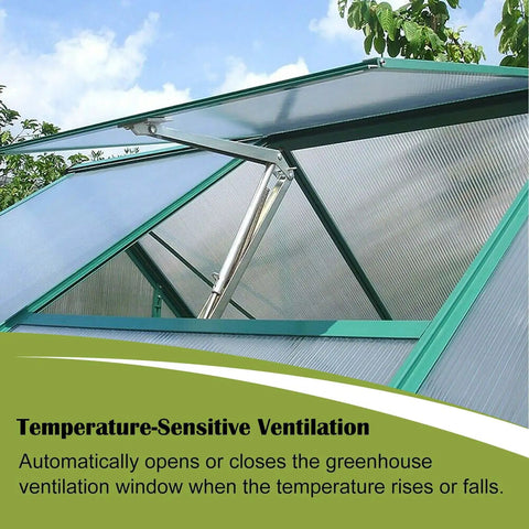 Two Pack Auto Roof Vent Opener For Greenhouse Ventilation Solar Powered Heat Sensitive Window Opener Kit installed in use.