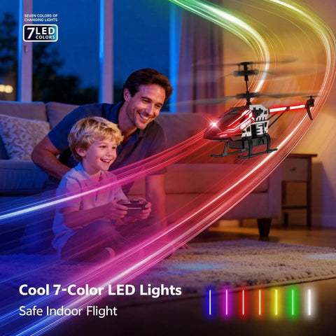Man and boy playing with Kids RC Helicopter With Altitude Hold And One Button Takeoff Landing featuring LED lights indoors.