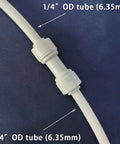 Water Purifier Straight Union Connector One Quarter Inch OD Tube Quick Push To Connect Fitting Made For Residential RO DI Water Filter Systems Durable Plastic Plumbing Connector Pack Of 100 front view
