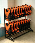 Keep Your Poolside Gear Slick And Stored With This Heavy Duty Metal Life Vest Rack Serving As A Large Equipment Organizer Featuring Roll Wheels For Fast Drying Access with stacked life vests.