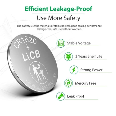 Five Pack CR1620 3V Lithium Coin Button Batteries with leakage-proof design for safe use in electronic devices.