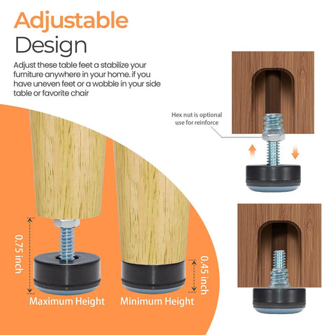 Adjustable 1/4-20 Leveling Feet With PTFE Bottom, 1 Inch Base on Furniture Leg, Showing Maximum and Minimum Height Settings