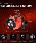 Vulcan 180 Lantern Cranks Out 1200 Lumens With 548M Beam, 180-Degree Articulating Head That Locks Forward, Quick Release Strap, Orange, Charger Not Included shown with size dimensions and features