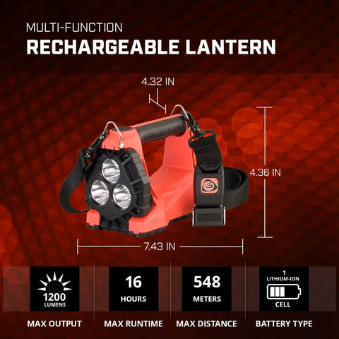 Vulcan 180 Lantern Cranks Out 1200 Lumens With 548M Beam, 180-Degree Articulating Head That Locks Forward, Quick Release Strap, Orange, Charger Not Included shown with size dimensions and features