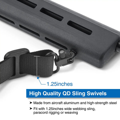 Rock Hard Rifle Sling Swivels 1.25 Inch QD Two Point Mount showcasing matte black swivel and webbing attachment details.