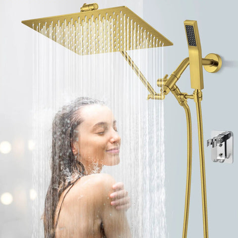 Brushed Gold 12 Inch Square Shower Head Kit With 3 Way Diverter Holder Extension Arm And Hose All Metal 304 Stainless Steel and Brass