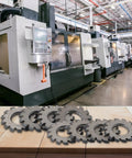 M1 Pro Grade Gear Cutter Set With HSS Involute Milling Cutters in front of CNC machinery, 20 Degree PA 8 Piece Kit for metalworking.