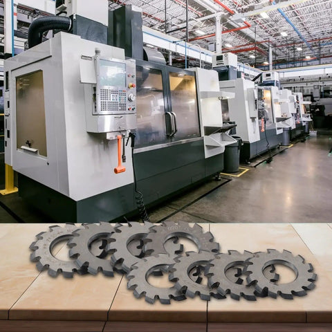 M1 Pro Grade Gear Cutter Set With HSS Involute Milling Cutters in front of CNC machinery, 20 Degree PA 8 Piece Kit for metalworking.