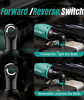Forward reverse switch on 3/8 Inch Cordless Electric Ratchet Wrench Kit With 40 Ft Lbs Torque, 12V Power shown during use