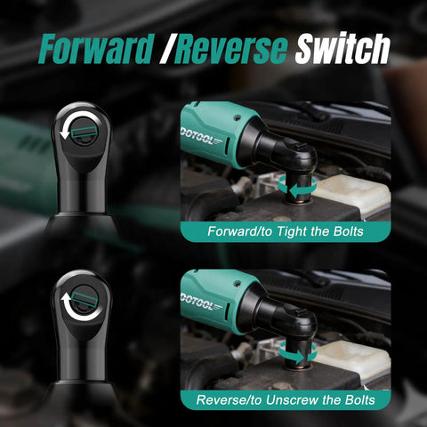 Forward reverse switch on 3/8 Inch Cordless Electric Ratchet Wrench Kit With 40 Ft Lbs Torque, 12V Power shown during use