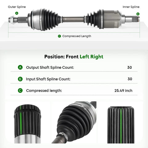 Straight Shot Front Left Or Right CV Axle Shaft Assembly For Toyota And Lexus 4Runner Tacoma FJ Cruiser GX460 GX470 2003 To 2022 Plug And Play Driveshaft with detailed measurements.