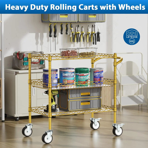Three Tier Rolling Cart With Wheels, Heavy Duty Utility Bar Cart, NSF Certified Metal Cart With Handle And Shelf Liner, Trolley Serving Cart For Kitchen, Restaurant And Plant Display, Gold Finish