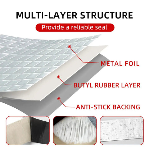 Aluminum Foil Butyl Tape Waterproof Silver Tape For Roof Leak Repair RV Window Glass Silicone EPDM Patching And Pipe Sealing 2 Inch By 33 Feet Heavy Duty All Purpose Repair Tape multi-layer structure diagram showing metal foil, butyl rubber layer, and anti-stick backing.