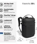Carryout Cooler Backpack With All Day Cold Insulation And Portable Soft Build Trail And Park Friendly Features An Ergonomic Strap System 22 Liter Capacity In Shale Gray shown with details and dimensions.