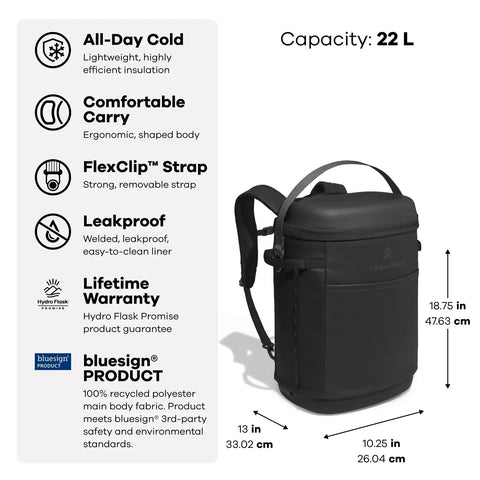 Carryout Cooler Backpack With All Day Cold Insulation And Portable Soft Build Trail And Park Friendly Features An Ergonomic Strap System 22 Liter Capacity In Shale Gray shown with details and dimensions.