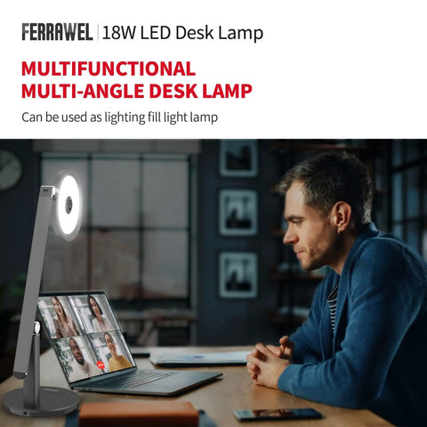 Man working at home using dimmable LED desk lamp with auto off timer and memory function, 18W 1000LM, adjustable gray light.