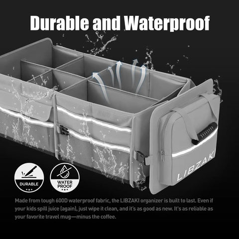 Oversize 4 In 1 Car Trunk Storage Organizer With Collapsible Design Multi Compartment Trunk Box And Cooler Bag shown open and waterproof