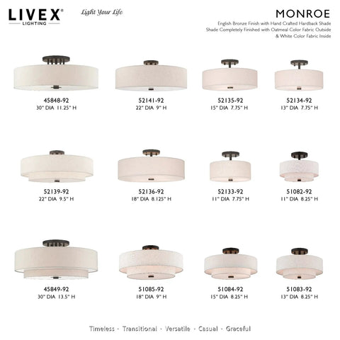 Four Light Semi Flush Mount Ceiling Fixture In English Bronze With Oatmeal Fabric Hardback Drum Shade And Satin White Diffuser arrays.
