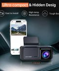 Crystal Clear 1296P Front Dash Cam With WiFi App Night Vision Mini Hidden Car Camera displayed with smartphone app interface.