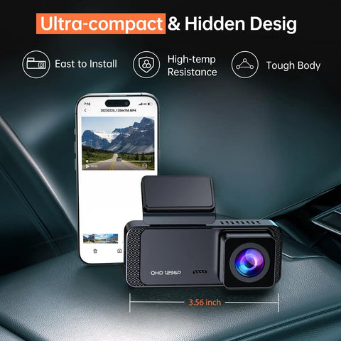 Crystal Clear 1296P Front Dash Cam With WiFi App Night Vision Mini Hidden Car Camera displayed with smartphone app interface.