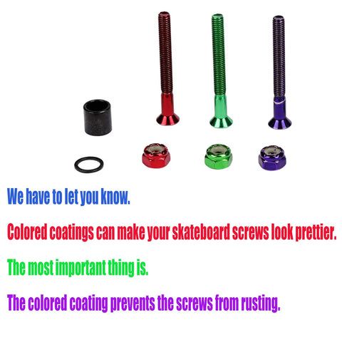 Purple Skateboard Hardware Kit With 8 Bolts And 8 Nuts shown with colored bolts and anti-rust coating on screws.