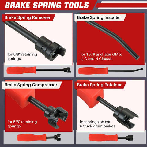 Eight Piece Drum Brake Tool Kit With Brake Spring Pliers Remover And Installer Spring Compressor Brake Adjustment Spoons And Mini Spoon For Quick DIY Friendly Drum Brake Repairs showing four different brake spring tools with labels and descriptions.