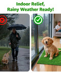 Indoor view of puppy sitting on All Weather Artificial Turf For Dogs And Indoor Potty Training Replacement Grass Rug For Patio Balcony Lawn Weatherproof Dog Pad With Drainage Holes Easy To Clean 18x28 Inch Multiuse Indoor Outdoor Mat.