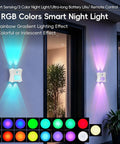 Motion Sensor Light Indoor with Remote, Rechargeable Wireless LED Sconce in blue and pink displaying RGB colors on wall.
