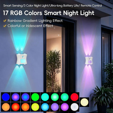Motion Sensor Light Indoor with Remote, Rechargeable Wireless LED Sconce in blue and pink displaying RGB colors on wall.
