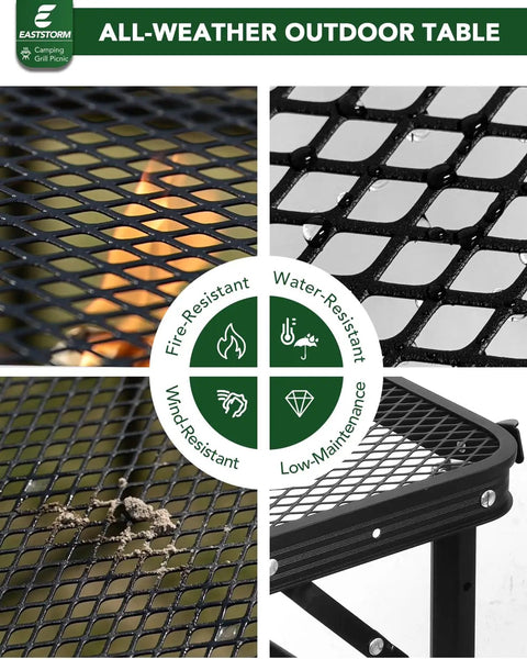 2 Foot Folding Table With Carry Handle For Camping And Outdoor Grill Table, Adjustable Height, Black Metal Mesh Surface.
