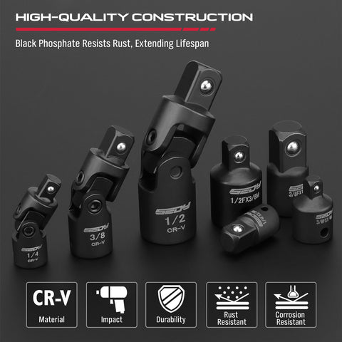Heavy Duty Universal Joint Socket Reducer Set, 7-Piece Impact Wobble U Joint And Adapters With Magnetic Aluminum Rail, CR-V Steel