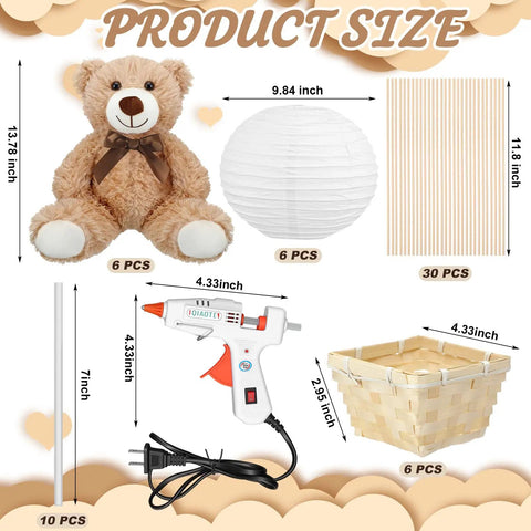 Six Set Large Hot Air Balloon Centerpiece Kit With 13.7 Inch Plush Bears White Paper Lantern Baskets Sticks And Glue Gun
