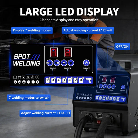 Close-up of LED display showing 7 welding modes on Powerful Auto Body Dent Repair Kit With 4200A Stud Welder.